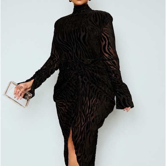 COPY - Plus black zebra devore high neck draped midi dress - Picture 3 of 8